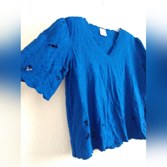 Silky Line Embroidered Shirt with Cutwork Royal Blue on Blue Small, Chest 34" - Picture 2 of 5